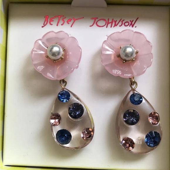 Betsey Johnson Enchanted Garden Flower & Teardrop Drop Earrings Crystal NIB - Picture 3 of 10